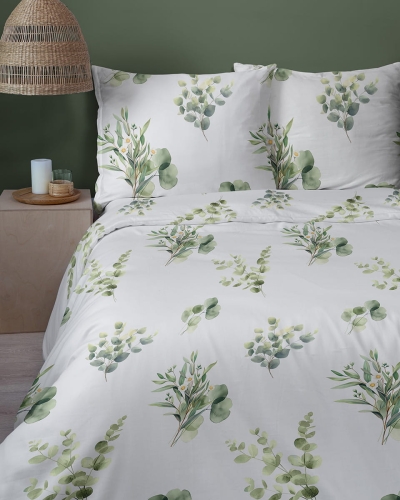 Komplet pościeli Home Satin z satyny bawełnianej 220x200 w zielone gałązki eukaliptusa