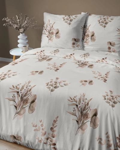 Komplet pościeli Home Satin z satyny bawełnianej 180x200 w beżowe gałązki eukaliptusa