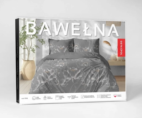 Pościel bawełniana 100% szara 180x200 kwiaty lotosu 