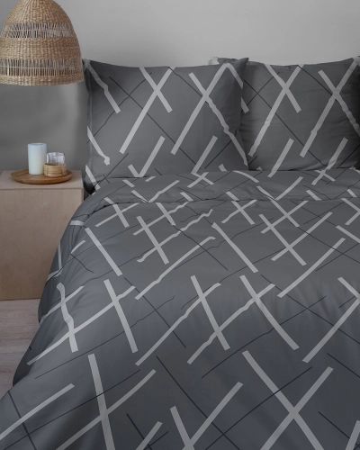 Komplet pościeli grafitowej z satyny bawełnianej 160x200 geometryczny wzór Home Satin