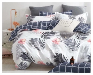 Komplet pościeli dwustronnej biało czarnej 200x220 w liście i kwiaty