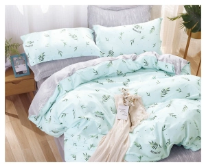 Komplet pościeli dwustronnej miętowo popielatej 200x220 w liście