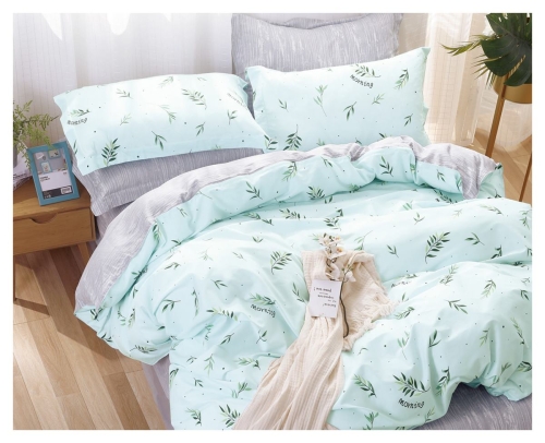 Komplet pościeli dwustronnej miętowo popielatej 200x220 w liście