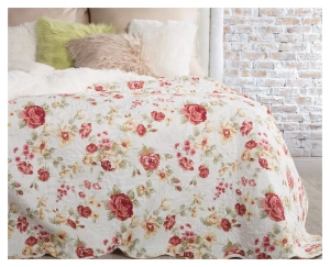 Narzuta kremowo czerwona 170x210 w kwiaty